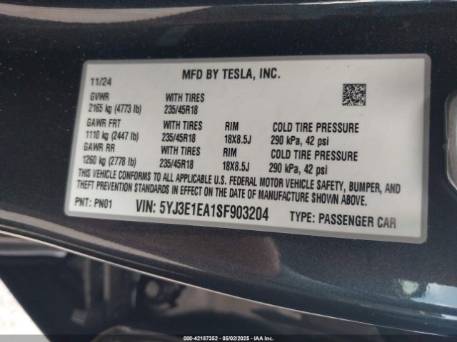 5YJ3E1EA1SF903204 Tesla Model 3 Long Range Rear-wheel Drive
