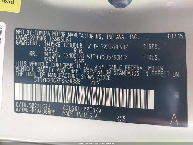 5TDYK3DCXFS578888 Toyota 2gr-fks