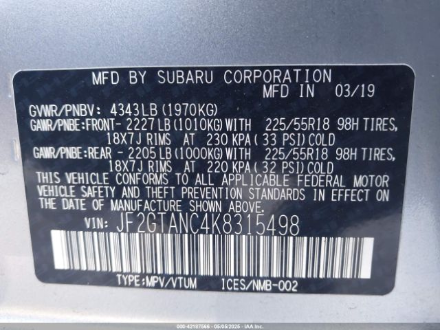 JF2GTANC4K8315498 Subaru Crosstrek 2.0i Limited