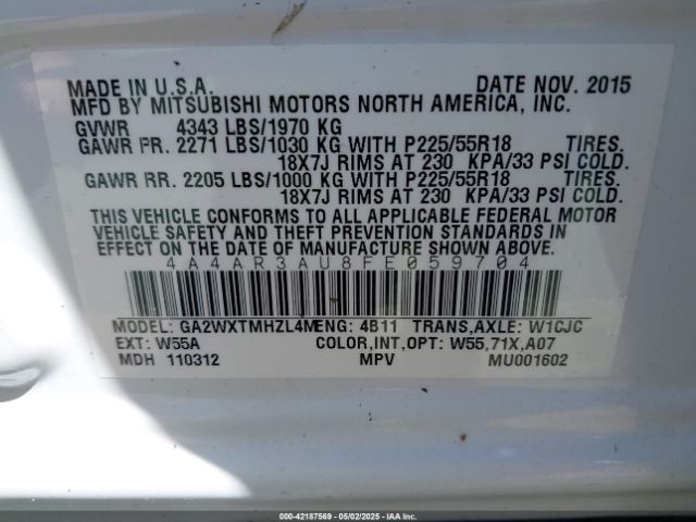 4A4AR3AU8FE059704 Mitsubishi Outlander Sport Es