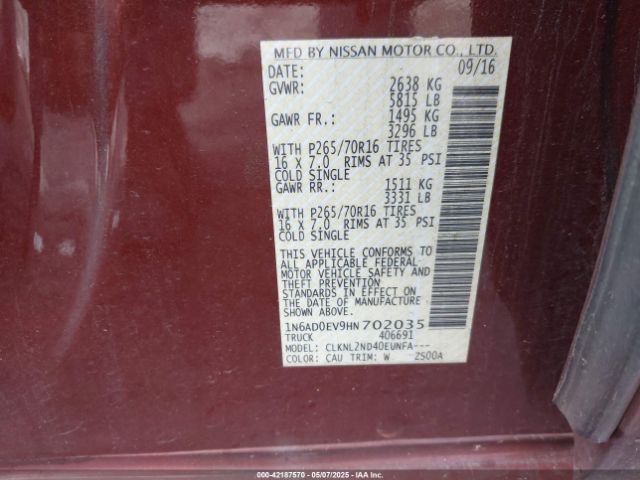 1N6AD0EV9HN702035 Nissan Frontier Sv