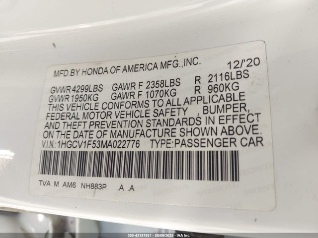 1HGCV1F53MA022776 Honda Accord Ex-l