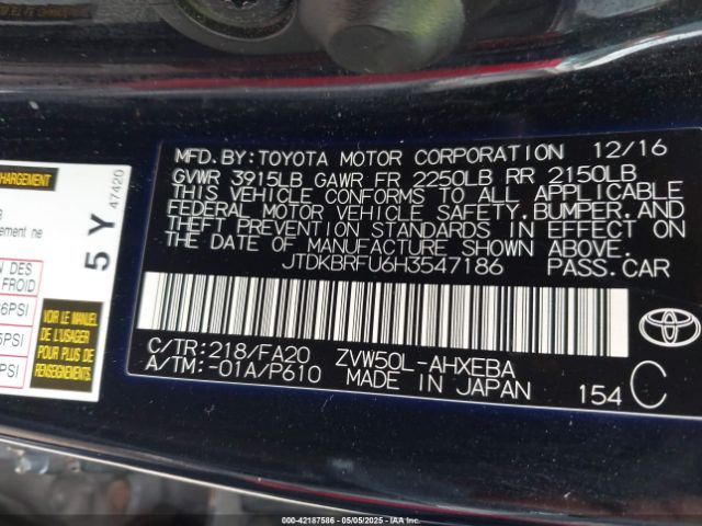 JTDKBRFU6H3547186 Toyota Prius Two