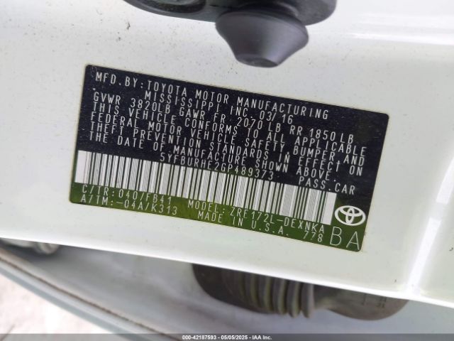 5YFBURHE2GP489373 Toyota COROLLA LE