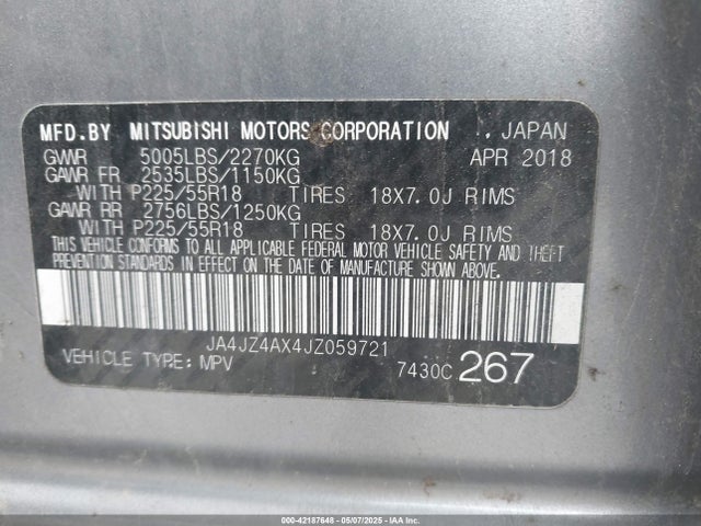 Aukcja sprzedaży 2018 Mitsubishi Outlander Gt, vin: JA4JZ4AX4JZ059721, numer aukcji: 42187648
