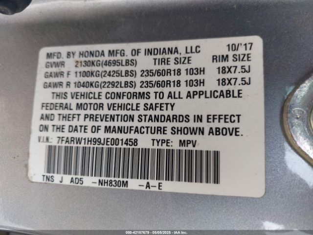 7FARW1H99JE001458 Honda Cr-v Touring