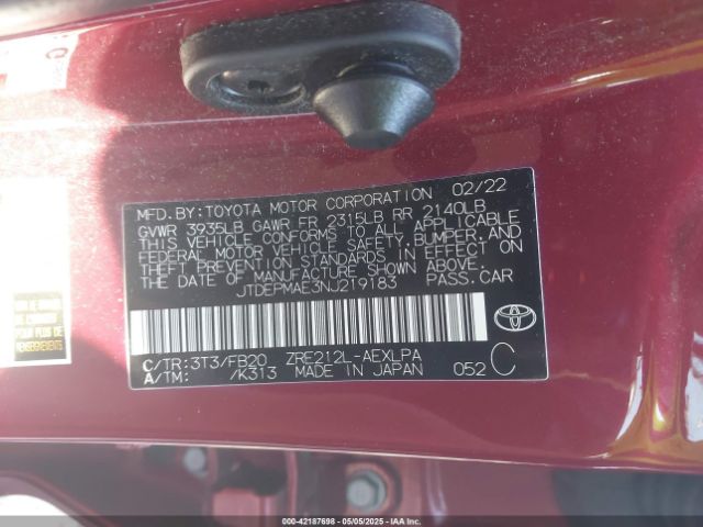 JTDEPMAE3NJ219183 Toyota COROLLA LE
