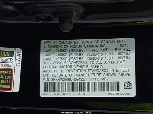 2HKRW2H99JH694227 Honda Cr-v Touring