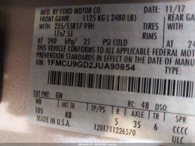 1FMCU9GD2JUA90854 Ford ESCAPE SE