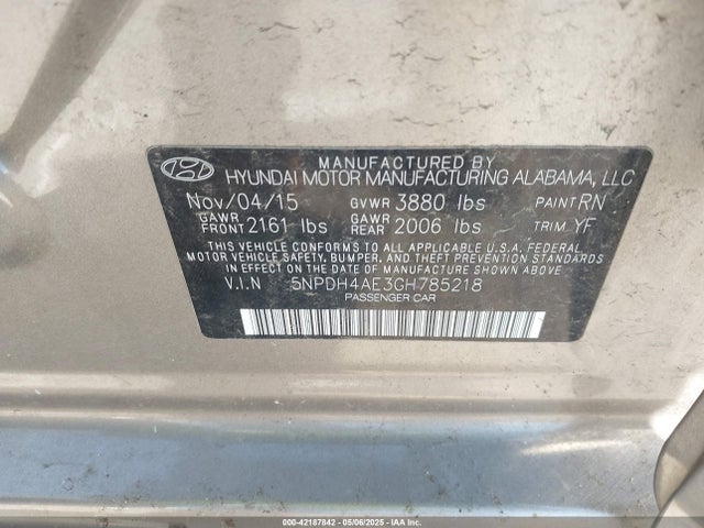 5NPDH4AE3GH785218 Hyundai dohc mpi nu