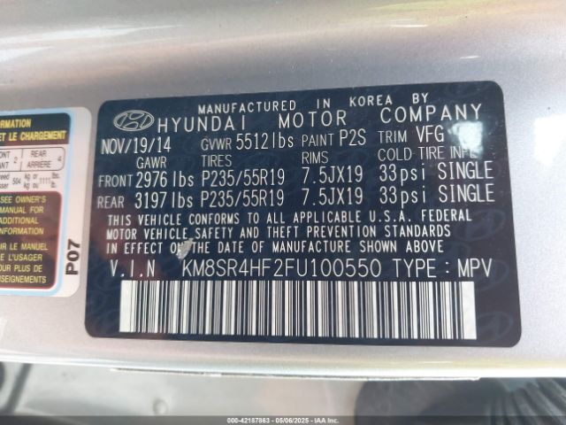 KM8SR4HF2FU100550 Hyundai dohc gdi lambda ii