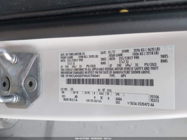 1FMCU0GD7HUC76041 Ford ESCAPE SE
