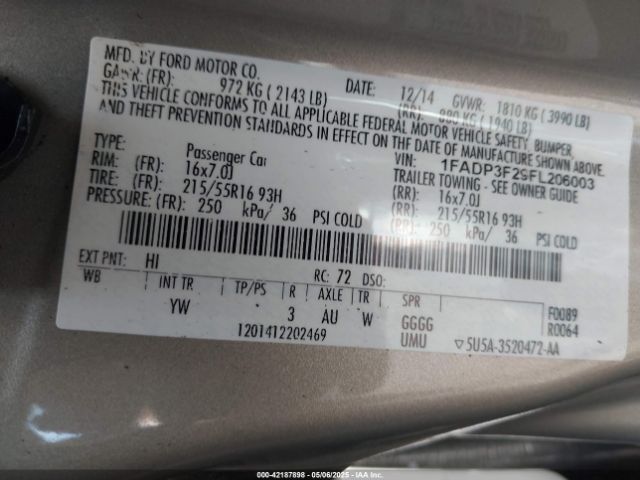 1FADP3F29FL206003 Ford FOCUS SE
