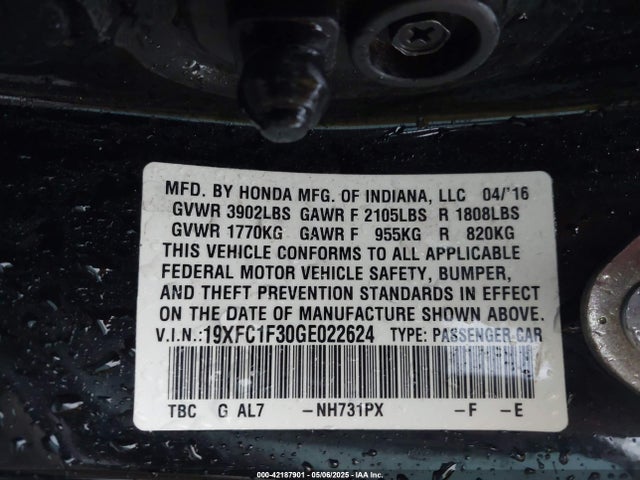 19XFC1F30GE022624 Honda Civic Ex-t