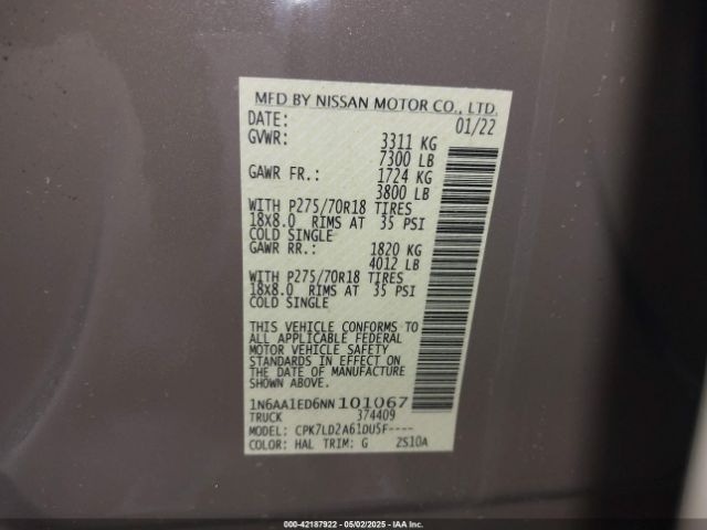 1N6AA1ED6NN101067 Nissan Titan Pro-4x 4x4