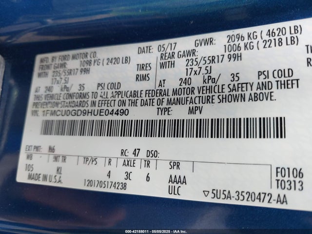 42188011 :رقم المزاد ، 1FMCU0GD9HUE04490 vin ، 2017 Ford Escape Se مزاد بيع