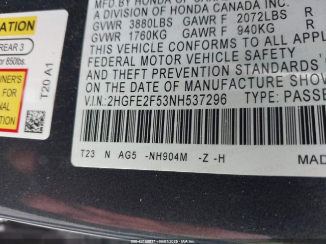 2022 HONDA CIVIC 2HGFE2F53NH537296 Photo 8