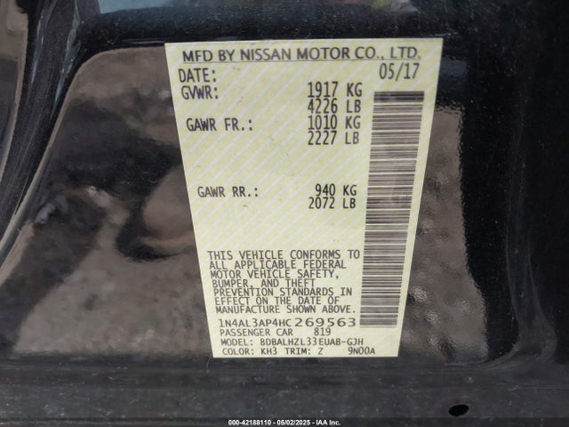 1N4AL3AP4HC269563 Nissan Altima 2.5 Sr