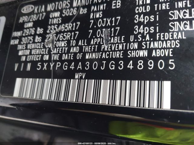 5XYPG4A30JG348905 KIA Sorento 2.4l Lx
