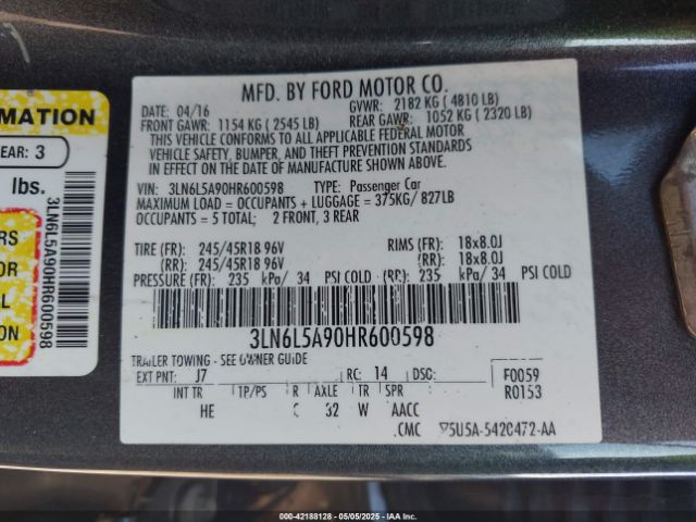 3LN6L5A90HR600598 Lincoln Mkz Premiere