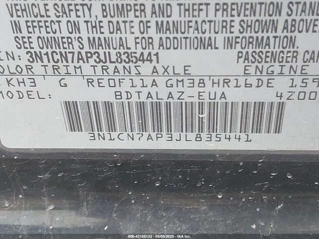 3N1CN7AP3JL835441 Nissan Versa 1.6 S+