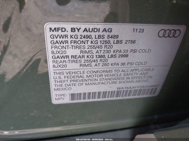 WA15AAFY2R2049587 Audi Q5 Sportback Premium Plus 45 Tfsi S Line Quattro S Tronic