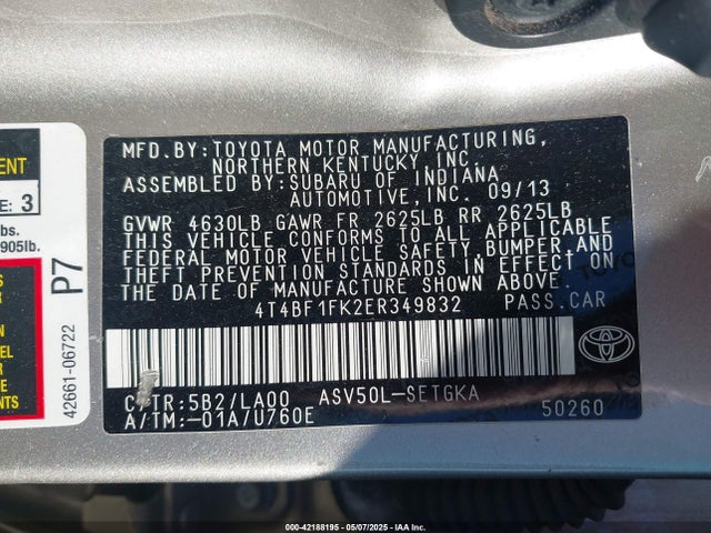 4T4BF1FK2ER349832 Toyota CAMRY XLE