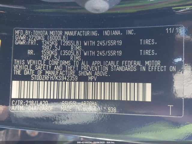 5TDDZRFH7KS942359 Toyota Highlander Limited Platinum