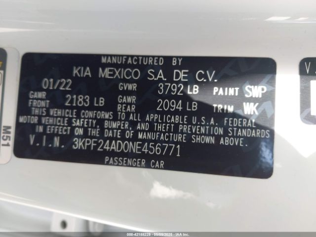 3KPF24AD0NE456771 KIA Forte Lxs