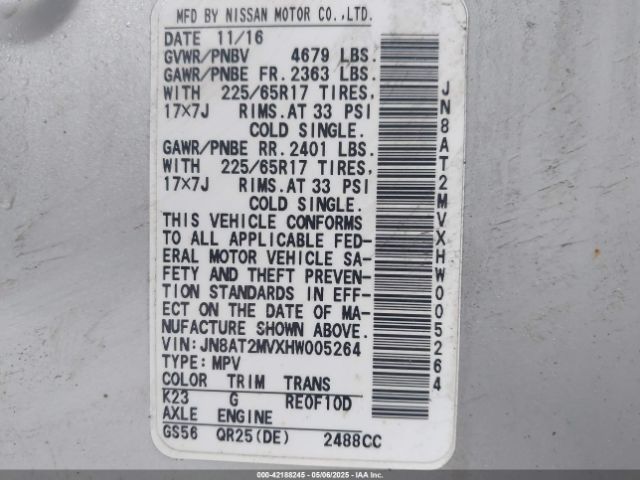 JN8AT2MVXHW005264 Nissan ROGUE S