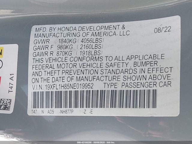 19XFL1H85NE019952 Honda Civic Sport Touring