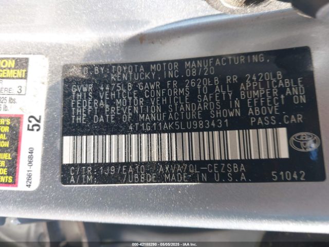 2020 TOYOTA CAMRY 4T1G11AK5LU983431 Photo 8