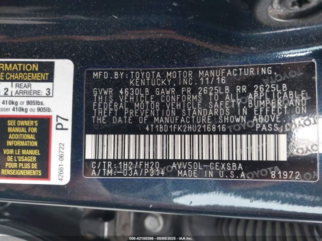 4T1BD1FK2HU216816 Toyota Camry Hybrid Se