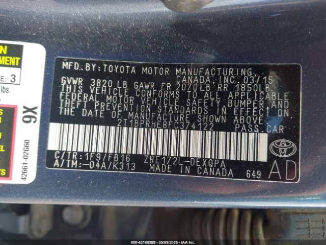 2T1BPRHE8FC374122 Toyota Corolla Le Eco