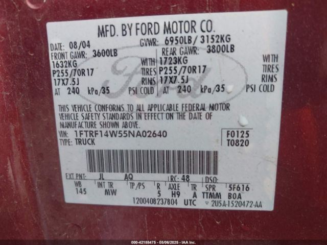 2005 FORD F-150 1FTRF14W55NA02640 Photo 8