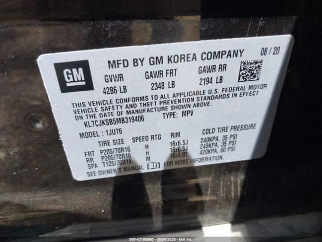 KL7CJKSB5MB319406 Chevrolet Trax Fwd Ls