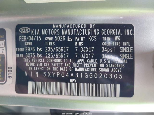 5XYPG4A31GG020305 KIA Sorento 2.4l Lx