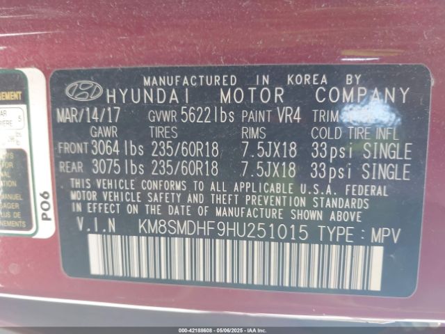KM8SMDHF9HU251015 Hyundai Santa Fe Se