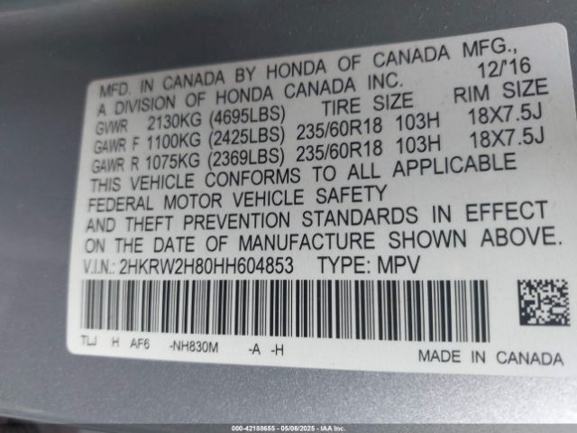 2HKRW2H80HH604853 Honda Cr-v Ex-l/ex-l Navi