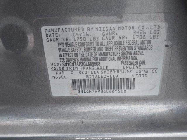 Nissan Versa 1.6 Sl 2016 3N1CN7AP3GL889508 Image 9
