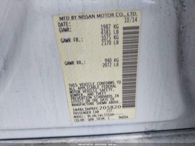 1N4BL3AP6FC205820 Nissan Altima 3.5 Sl