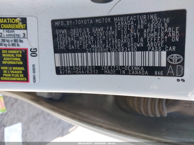 2T1BURHE1GC683490 Toyota 2zr-fe