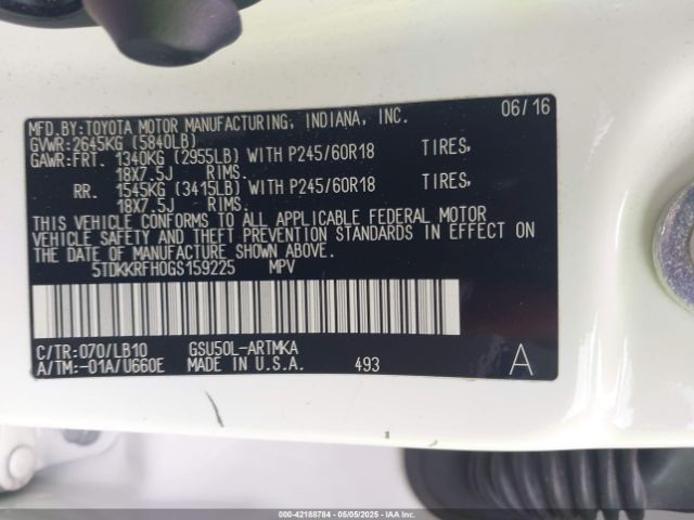 5TDKKRFH0GS159225 Toyota Highlander Xle V6