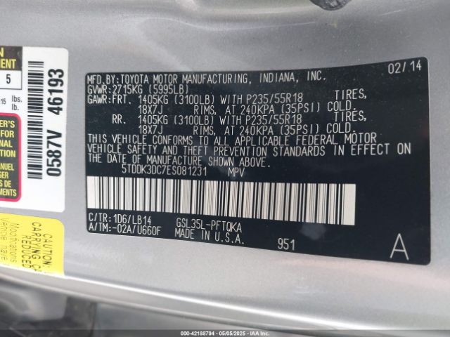 5TDDK3DC7ES081231 Toyota Sienna Xle 7 Passenger