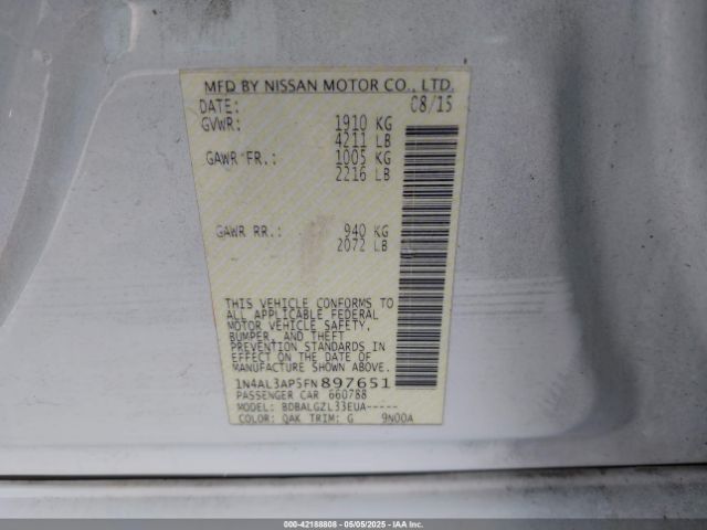 1N4AL3AP5FN897651 Nissan Altima 2.5/2.5 S/2.5 Sl/2.5 Sv