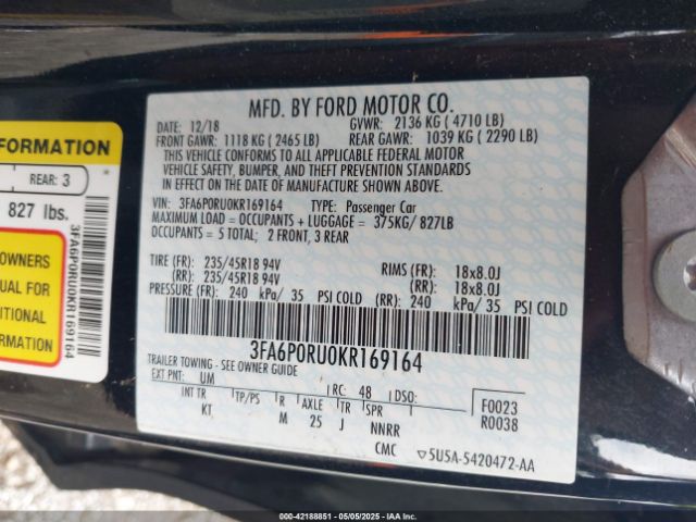 3FA6P0RU0KR169164 Ford Fusion Hybrid Titanium