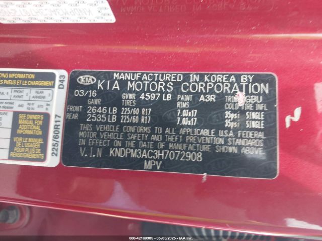 KNDPM3AC3H7072908 KIA Sportage Lx