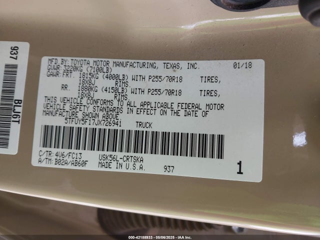 5TFUY5F17JX726941 Toyota Tundra Sr5 5.7l V8