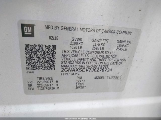2GNAXSEV7J6278734 Chevrolet EQUINOX LT