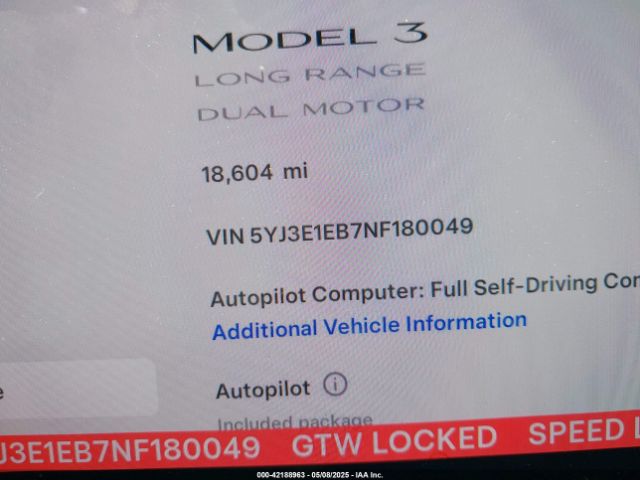 5YJ3E1EB7NF180049 Tesla Model 3 Long Range Dual Motor All-wheel Drive